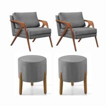 Conjunto 2 Poltronas Mona Decorativa e 2 Puff Thor Estofado Base Madeira Maciça Linho Cinza
