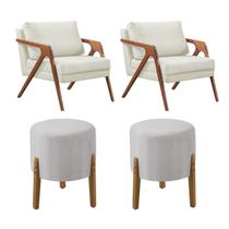 Conjunto 2 Poltronas Mona Decorativa e 2 Puff Thor Estofado Base Madeira Maciça Linho Cru