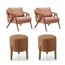 Conjunto 2 Poltronas Mona Decorativa e 2 Puff Thor Estofado Base Madeira Maciça Linho Terracota