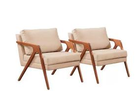 Conjunto - 2 Poltronas Mona Luxo Madeira Maciça Castellar Linho Claro - TH Decor