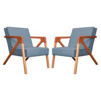 Conjunto 2 Poltronas Monalisa Com Braços de Madeira Linho Azul - LM DECOR Conjunto 2 Poltronas Monalisa Com Braços de Madeira Linho Azul - LM DECOR