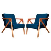 Conjunto 2 Poltronas Monalisa Com Braços de Madeira Veludo Azul Marinho - LM DECOR Conjunto 2 Poltronas Monalisa Com Braços de Madeira Veludo Azul Marinho - LM DECOR