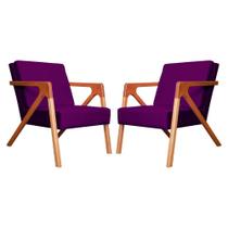 Conjunto 2 Poltronas Monalisa Com Braços de Madeira Veludo Roxo - DL DECOR