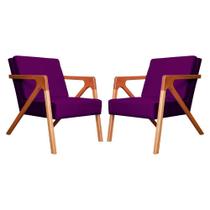 Conjunto 2 Poltronas Monalisa Com Braços de Madeira Veludo Roxo - LM DECOR Conjunto 2 Poltronas Monalisa Com Braços de Madeira Veludo Roxo - LM DECOR