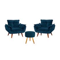 Conjunto 2 Poltronas Opala com 1 Puff Redondo Luxo com Pés Estilo Retrô - Azul Marinho