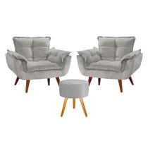 Conjunto 2 Poltronas Opala com 1 Puff Redondo Luxo com Pés Estilo Retrô - Cinza Claro Conjunto 2 Poltronas Opala com 1 Puff Redondo Luxo com Pés Estilo Retrô - Cinza Claro