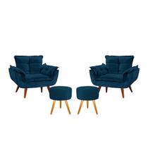 Conjunto 2 Poltronas Opala com 2 Puff Redondo Luxo com Pés Estilo Retrô - Azul Marinho Conjunto 2 Poltronas Opala com 2 Puff Redondo Luxo com Pés Estilo Retrô - Azul Marinho