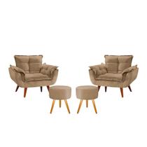 Conjunto 2 Poltronas Opala com 2 Puff Redondo Luxo com Pés Estilo Retrô - Bege Claro
