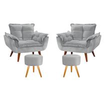 Conjunto 2 Poltronas Opala com 2 Puff Redondo Luxo com Pés Estilo Retrô - Cinza Claro Conjunto 2 Poltronas Opala com 2 Puff Redondo Luxo com Pés Estilo Retrô - Cinza Claro