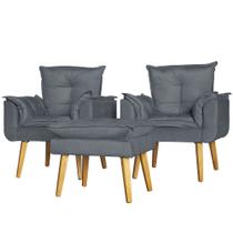 Conjunto 2 Poltronas Para Sala Decorativa e Puff Opala Suede Cinza Arapol Conjunto 2 Poltronas Para Sala Decorativa e Puff Opala Suede Cinza Arapol