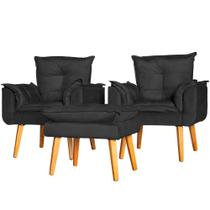 Conjunto 2 Poltronas Para Sala Decorativa e Puff Opala Suede Preto Rt Decor