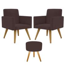 Conjunto 2 Poltronas Para Sala Decorativa Nina e Puff Pés Palito Suede Marrom Arapol Conjunto 2 Poltronas Para Sala Decorativa Nina e Puff Pés Palito Suede Marrom Arapol