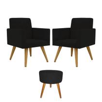 Conjunto 2 Poltronas Para Sala Decorativa Nina e Puff Pés Palito Suede Preto Arapol