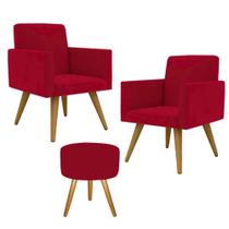 Conjunto 2 Poltronas Para Sala Decorativa Nina e Puff Pés Palito Suede Vermelho Click Pol