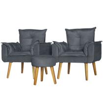 Conjunto 2 Poltronas Para Sala Decorativa Opala e Puff Redondo Suede Cinza Arapol Conjunto 2 Poltronas Para Sala Decorativa Opala e Puff Redondo Suede Cinza Arapol