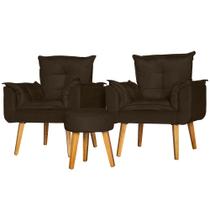 Conjunto 2 Poltronas Para Sala Decorativa Opala e Puff Redondo Suede Marrom Arapol