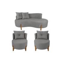 Conjunto 2 Poltronas + Sofá Curvo Orgânico Boucle Cinza - Montanaris Decor