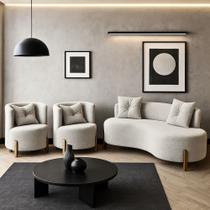 Conjunto 2 Poltronas + Sofá Curvo Orgânico Luna Boucle Pés de Madeira - Montanaris Decor