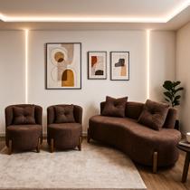 Conjunto 2 Poltronas + Sofá Curvo Orgânico Luna Boucle Pés de Madeira - Montanaris Decor