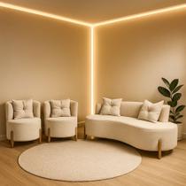 Conjunto 2 Poltronas + Sofá Curvo Orgânico Luna Boucle Pés de Madeira - Montanaris Decor Conjunto 2 Poltronas + Sofá Curvo Orgânico Luna Boucle Pés de Madeira - Montanaris Decor