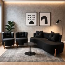 Conjunto 2 Poltronas + Sofá Curvo Orgânico Luna Boucle Pés de Madeira - Montanaris Decor