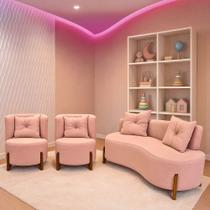Conjunto 2 Poltronas + Sofá Curvo Orgânico Luna Boucle Rosa Pés de Madeira - Montanaris Decor