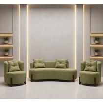 Conjunto 2 Poltronas + Sofá Curvo Orgânico Luna Boucle Verde Oliva Pés de Madeira - Montanaris Decor Conjunto 2 Poltronas + Sofá Curvo Orgânico Luna Boucle Verde Oliva Pés de Madeira - Montanaris Decor