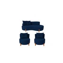 Conjunto 2 Poltronas + Sofá Curvo Orgânico Luna Veludo Azul Marinho - Montanaris Decor