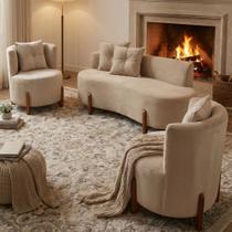 Conjunto 2 Poltronas + Sofá Curvo Orgânico Luna Veludo Bege - Montanaris Decor