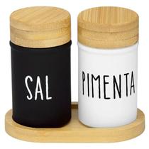Conjunto 2 porta condimentos com tampa e bandeja de bambu para sal e pimenta Doha 90 ml