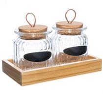 Conjunto 2 Porta Temperos Vidro 260ml Bandeja Madeira Lyor P