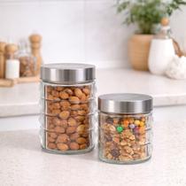 Conjunto 2 Potes de Vidro Premium 800ml e 1200ml Tampa Aço Inox Porta Mantimento Point Decorativo Conjunto 2 Potes de Vidro Premium 800ml e 1200ml Tampa Aço Inox Porta Mantimento Point Decorativo