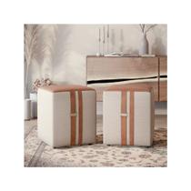 Conjunto 2 Puff Domus quadrado com detalhe em couro moderno para sala ou quarto - Bege