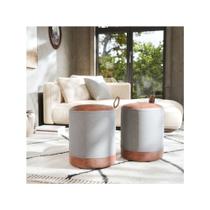 Conjunto 2 Puff Euro redondo moderno com detalhe em couro para quarto ou sala - Cinza com Marrom