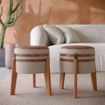 Conjunto 2 Puff Pix redondo com detalhes em couro na lateral, assento para sala ou quarto - Bege