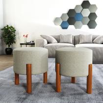 Conjunto 2 Puff redondo linho moderno com pés de madeira - Bege