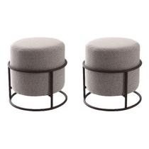 Conjunto 2 Puffs Banqueta Decorativo Atlanta Redondo tecido Linho Base Aço Preto Epóxi