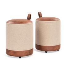 Conjunto 2 Puffs Redondos Bege Linho e material sintético, Suporta 120KG Euro