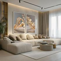 Conjunto 2 Quadros Decorativos com Moldura Caixa Abstrato Dourado Luxo Kit para Sala, Escritorio, Hall Cozinha