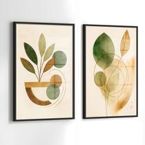 Conjunto 2 Quadros Decorativos com Moldura Caixa Folhas Abstrato para Sala, Escritorio, Hall Cozinha