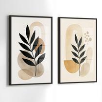 Conjunto 2 Quadros Decorativos com Moldura Caixa Folhas Bege Kit para Sala, Escritorio, Hall Cozinha