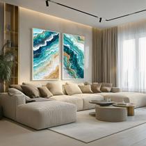 Conjunto 2 Quadros Decorativos com Moldura Caixa Praia Azul Abstrato Kit para Sala, Escritorio, Hall Cozinha Conjunto 2 Quadros Decorativos com Moldura Caixa Praia Azul Abstrato Kit para Sala, Escritorio, Hall Cozinha