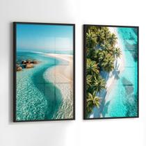 Conjunto 2 Quadros Decorativos com Moldura Caixa Praia Deserta Mar Kit para Sala, Escritorio, Hall Cozinha