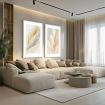 Conjunto 2 Quadros Decorativos com Moldura Caixa Suave Elegante Folhas Kit para Sala, Escritorio, Hall Cozinha