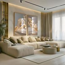Conjunto 2 Quadros Decorativos com Moldura e Acrilico Cristal Vidro Abstrato Dourado Luxo Kit para Sala, Escritorio, Hall Cozinha