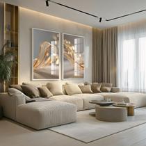 Conjunto 2 Quadros Decorativos com Moldura e Acrilico Cristal Vidro Abstrato Dourado Luxo Kit para Sala, Escritorio, Hall Cozinha