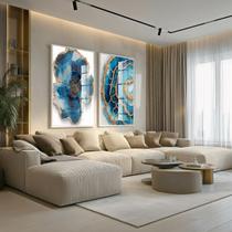 Conjunto 2 Quadros Decorativos com Moldura e Acrilico Cristal Vidro Abstrato Dourado Preto Kit para Sala, Escritorio, Hall Cozinha