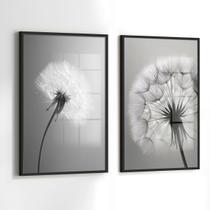 Conjunto 2 Quadros Decorativos com Moldura e Acrilico Cristal Vidro Dente de Leao Preto Kit para Sala, Escritorio, Hall Cozinha