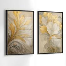 Conjunto 2 Quadros Decorativos com Moldura e Acrilico Cristal Vidro Floral Dourado Kit para Sala, Escritorio, Hall Cozinha Conjunto 2 Quadros Decorativos com Moldura e Acrilico Cristal Vidro Floral Dourado Kit para Sala, Escritorio, Hall Cozinha