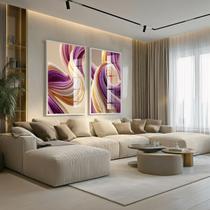 Conjunto 2 Quadros Decorativos com Moldura e Acrilico Cristal Vidro Folhas Douradas Kit para Sala, Escritorio, Hall Cozinha